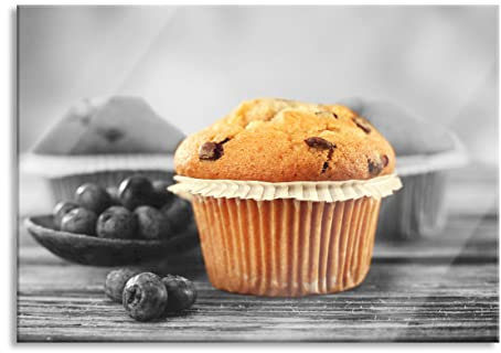 Pixxprint Glasbild, Wandbild aus Echtglas, leckere Muffins mit Blaubeeren, 60x40 cm, inkl. Aufhängung und Abstandshalter