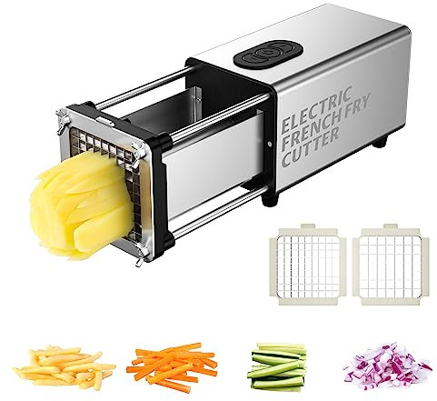 SIXRARI Electric French Fry Cutter, Automatic Fry Cutter Stainless Steel with 1/2 & 3/8 Inch Blade for Homemade Fries, French Fry Cutter for Potatoes,Vegetable Cutter, House Warming Gifts (Silver)