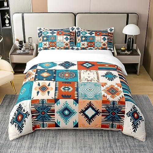100% Baumwolle Patchwork Südwestern Ethnische Bettwäsche Set 220x240 Western Boho Bettbezug Native Tribal Aztekische Hippie Tröster Abdeckung Westliches Zimmer Exotische Bett Set Geometrische Diamant