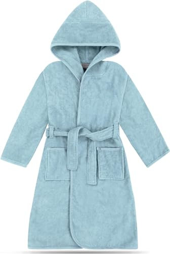 normani Kinder Bademantel auf 100% Bio-Baumwolle Badetuch für Jungen und Mädchen - Frottee Kapuzenbademantel Farbe Himmelblau Größe 146-152
