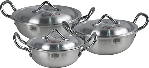 Sterling Ventures Klassic Karahi 3Pc Aluminium Round Traditional Wok Saucepan Perfect Cooking Pots Set 18cm, 20cm & 22cm