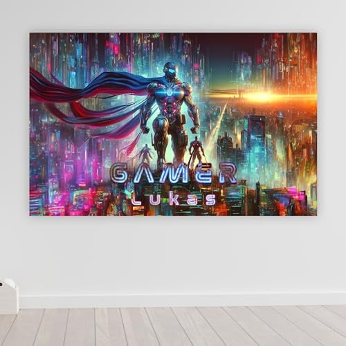 timalo Poster personalisiert mit Namen | 120 x 61 cm Cyberheld, Zukunftsstadt, Neon | Gamer Bild für die Wand Jugendzimmer Gaming Motiv für Teenager Jungen und Mädchen Zimmer