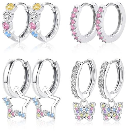 ALEXCRAFT Silber 925 Ohrringe Bunte Creolen Set, Kleine Silber 925 Creolen Zirkon Rosa Glänz Ohrringe mit Anhänge Herz Schmetterling, Bunte Sterling Silber Huggie Creolen Kleine Ohrringe Damen Frauen