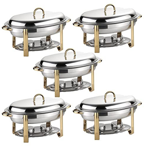 6L Oval Chafing Dish Set,2/4/5/6 Pack Full Size Stainless Steel Buffet Warmer Tray With Food Pan,Water Pan And Fuel Holders,For Weddings Caterings Parties (5 Pack)