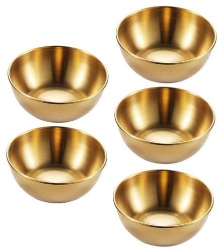 Ciieeo Japanese Style 5pcs Stainless Steel Serving Bowls Set - Sushi Dipping Sauce Dishes - Round Seasoning Appetizer Plates - Ideal for Kids Snacks - Home and Restaurant Serving Tray - Gold