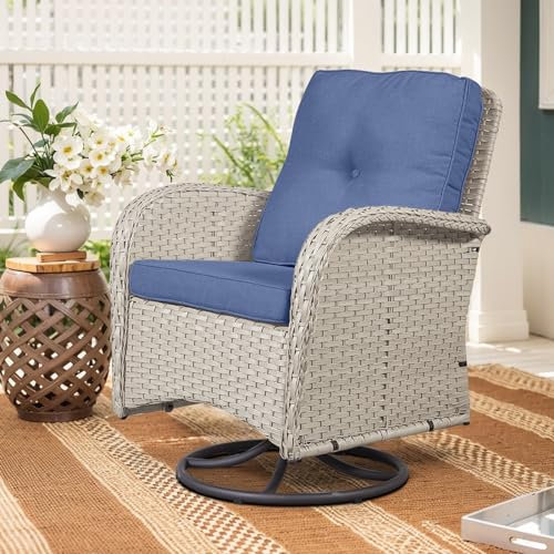 Artfurniz 2-in-1 Veranda-Drehstuhl – Rattan-Möbel für den Außenbereich, Drehstuhl mit dickem Kissen, 136 kg Tragkraft, Terrassen-Drehgleiter – hellbeige Korbblau Kissen