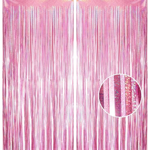 YAAVAAW Lot de 2 rideaux à franges en aluminium pailleté pour anniversaire, école, remise de diplôme, enterrement de vie de jeune fille, 1 x 2,5 m, rose