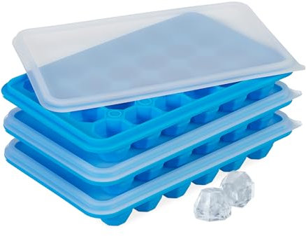Relaxdays Pack 3 Cubiteras con Tapa, Moldes Cubos de Hielo, Diamante, 24 Cubitos Cada Una, Silicona, Azul/Transparente, 3 x 20,5 x 12,5 cm