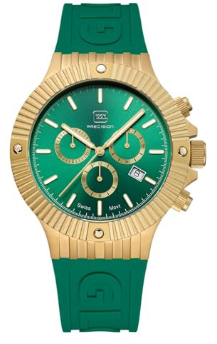 GLOCK Herren Quarz Uhr | 44mm Gehäuse | Armbanduhr mit Goldenem Edelstahlgehäuse | Grünem Zifferblatt | Grünem Silikonarmband | 20ATM | GW-37-2-24