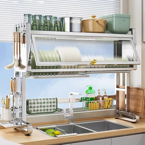 SofaHills Escurreplatos sobre Fregadero,Escurridor De Platos Colgante con Gancho,Extragrande,Escurridor De Platos Extensible sobre El Fregadero De La Cocina,Colador De Platos De 3 Niveles