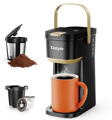 Tastyle Cafetière à une seule tasse pour tasses K et moulues, mini cafetière avec poignée portable, taille de bière de 150 à 300 ml, pour voyage, camping, bureau, RV et chambre, 120 V, noir et doré