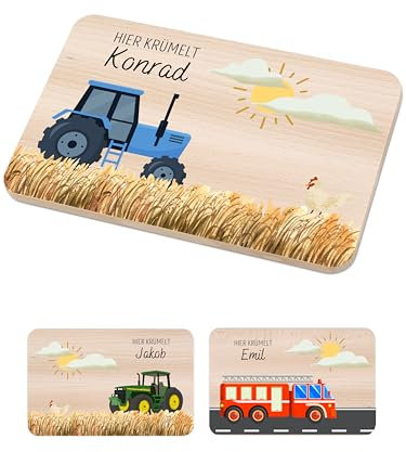 Bärenfreunde - Individuelles Holzbrett mit hochwertigem Spezial-Druck für Kinder - Personalisiertes Frühstücksbrettchen - Niedliche Motiv-Brettchen mit Namen (Traktor BLAU)