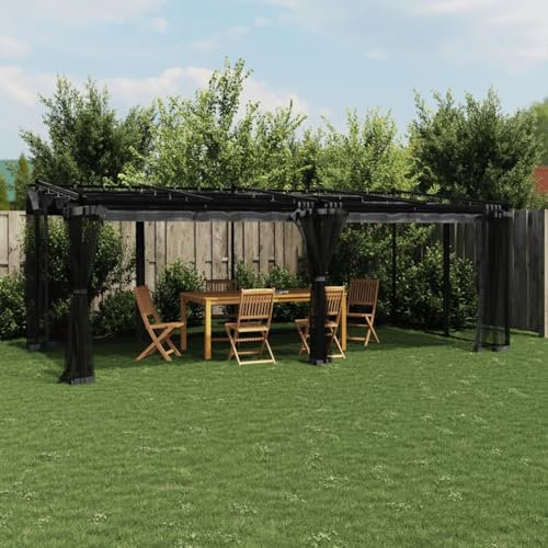 Sufrk Pavillon mit Seitenwänden aus anthrazitfarbenem Netz, 6 x 3 m, Pergola mit wasserdichter Plane und faltbarer Plane und rechteckiger Struktur aus hochdichtem Edelstahl, für Gartenmöbel, Terraz