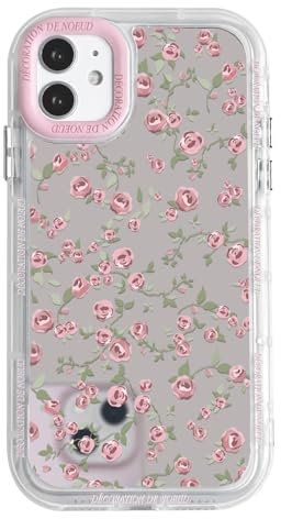 NITITOP Compatible with iPhone 11 Case Cute Glossy Mirror Flower Floral Vintage Rose Pattern for Women Girls Pink Frame Design Shockproof Silver Protective Phone Cover - Pink Rose