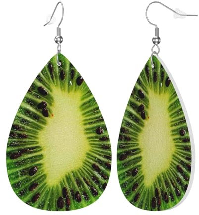 Damen-Haken-Ohrringe, Leder, Wassertropfen-Ohrringe, Tropfenform, baumelnder Ohrring, Kiwi-Scheiben, doppelseitiger Druck, Schmuck, Geschenk für Frauen, Mädchen oder Liebhaber, Einheitsgröße, Leder