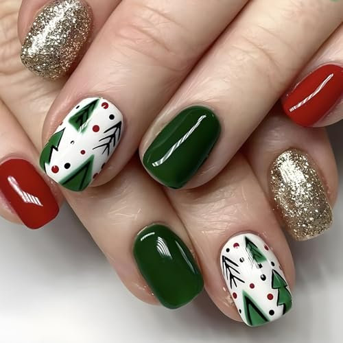 Auiremrti 24 Stück Kurzes Quadrat Weihnachten Künstliche Nägel Set,Grün Und Rot Christmas Kurz Press on Nails,Einfach Für DIY Nagelkunst Zu Hause,Nailart-Zubehör