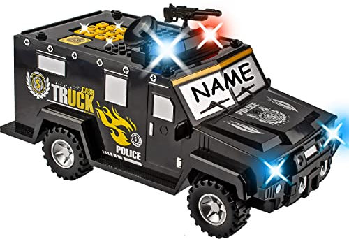 alles-meine.de GmbH Spardose - elektronisch - Geldtransporter Polizei - mit Fingerabdruck + Zahlenkombination/Passwort + Sound + Licht - incl. Name - digitaler Tresor Sparschwe..