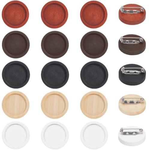 SUNNYCLUE 20 Stück 5 Farben Blanko Brosche Holz Cabochon Rohlinge Bulk 25mm Weiß Schwarz Braune Natur Rund Basic Holztablett Broschenfassungen Mit Edelstahl Sicherheitsnadel Für Schmuckherstellung DIY