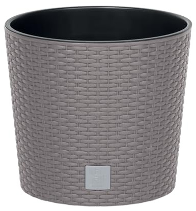 B2C Round Planter Plant Flower Pot Outdoor Garden Weatherproof with Insert Rattan Look Plastic Indoor Outdoor Patio Home Decor (Beige, 25cm - 7.5 Litres)