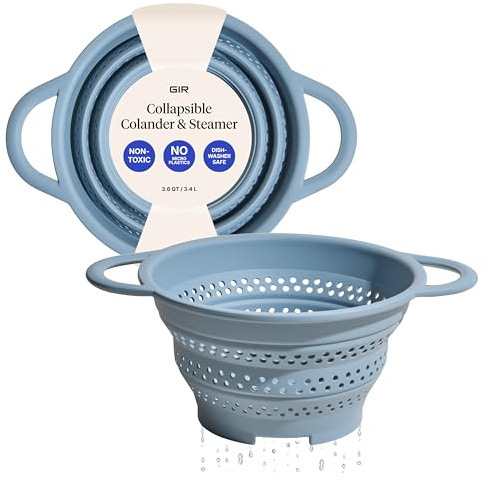 GIR Collapsible Colander for Kitchen, Silicone Strainer and Steamer, BPA-Free, Heat-Resistant, Space-Saving Collapsible Strainer with Stainless Steel Rim, Dishwasher Safe - Slate