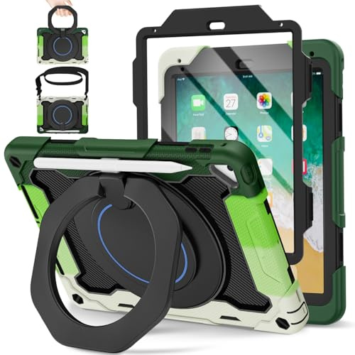 ROISKIN Hülle für iPad 6./5. Generation 9.7 Zoll 2018/2017 & iPad Air 2 | mit Displayschutz,Drehbarer Ständer,Schultergurt,Stifthalter,Heavy Duty Stoßfeste Kinder Hülle für iPad Pro 9.7, Schwarz-Grün