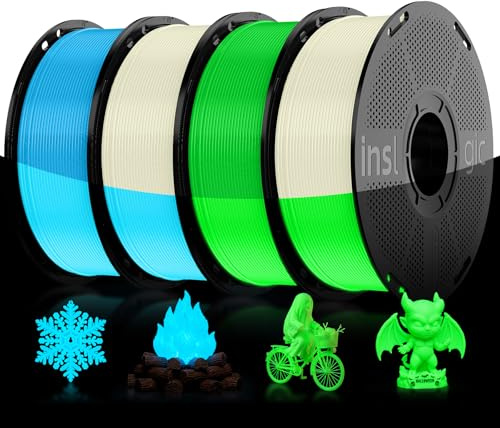 Inslogic Vorgetrocknetes PLA Glow in The Dark 1,75 mm, Leuchtend, 4er-Pack | Grünes Leuchten+Blaues Leuchten+Grün+Blau, UV-Leuchteffekt, Nachleuchten, Lange Helligkeit, Glatter Druck, Kreative Projekte