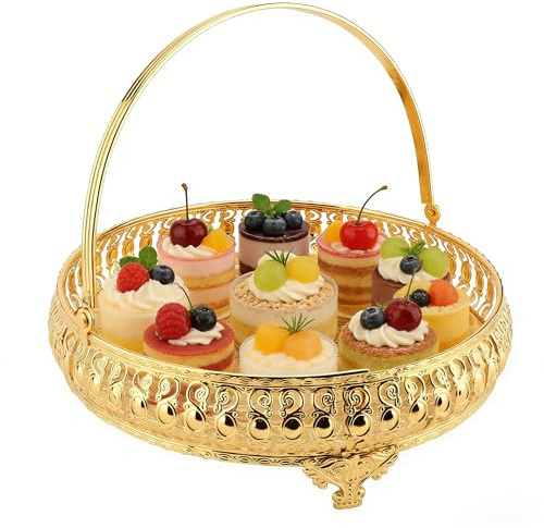 Tissting Gold Metal Round Serving Tray Retro Elegant Fruit Tray with Handle | Fruits Desserts Snacks Display Food Serving Trays, Decorative Platter for Party Bar Dessert Display