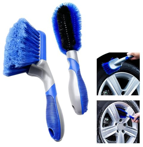 2Pcs Wheel Brush Set - Car Wheel Brush and Rim Brush Washing Tool for Car Alloy Wheel with Grip Handle, Alloy Rim Cleaner Tire Scrubber Suitable for Car, Motorcycle or Bicycle Tire Brush Washing Tool