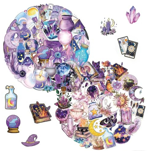PLUSHCEWT 80 Stück Magische Holografische Aufkleber, Vintage Hexe Aufkleber | Graffiti Apotheker Sticker Set, Wasserfest Transparente PET Sticker Aesthetic für Scrapbooking Tagebuch Laptop Flasche