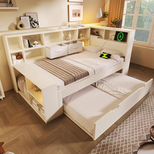 Kebnor Einzelbett in Weiß, Stauraumbett mit Ausziehbett, 3-seitigen Ablagen & integriertem USB-/Type-C-Laden – Funktionales Bett fürs Kinder- & Jugendzimmer, ohne Matratze (90x200cm)