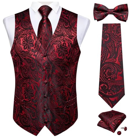 KBLDOPN Herren Anzugweste Schwarz mit Krawatte, Fliege, Einstecktuch, Manschettenknöpfe, formelle Weste for Hochzeit, Abschlussball, Smoking FüR GeschäFt, Hochzeit(Color 4,S)