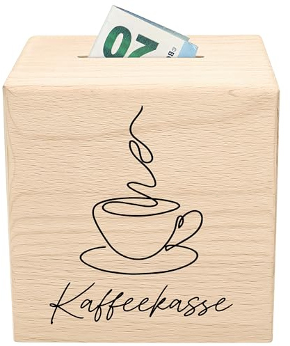 Kaffeekasse aus Holz als Trinkgeldkasse Spardose und Spendenkasse | Personalisiert, massives Holz, 10 x 10 x 10 cm, Kaffeekasse für Trinkgeld, Sparkasse & Spendenkasse