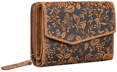 STILORD Lark Damen Geldbörse Leder RFID Groß Geldbeutel Vintage Portemonnaie für Frauen NFC Schutz Ledergeldbörse Damen Echt Leder Farbe:Bergamo-braun Botanica