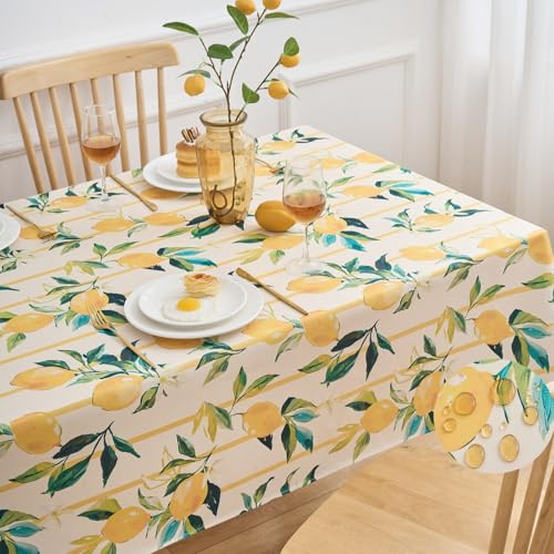 Tischdecke Abwaschbar 240x140 Draußen Wetterfest Stoff Leinenoptik Polyester Zitrone Gelb Streifen Wasserabweisend Frühling Sommer Tischdeko für Esstisch Party Bauernhaus Gartentisch Outdoor Hochzeit