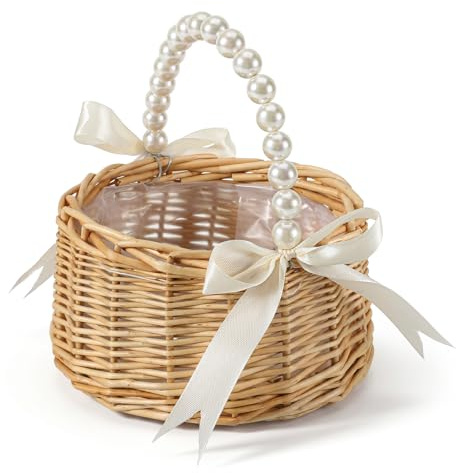 1 Stück Wicker Rattan Blumenmädchen Korb, Blumenkorb mit Henkel, Blumenkörbchen Hochzeit, Körbchen mit Henkel, Blumenkörbe Geflochtener Korb Handmade für Hochzeit Party