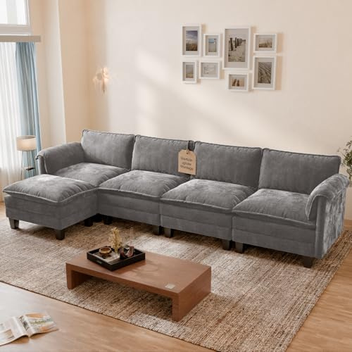 ELUCHANG XXL Wohnlandschaft L-Form, 336cm Breit Modulares Sofa 4-Sitzer, Chenille Couch mit Ottomane, 62cm Sitztiefe, Schlafsofa-Funktion, Werkzeuglose Montage, Grau