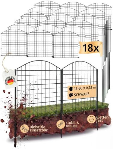 Zaun Steckzaun Gartenzaun Teichzaun für Garten 18 Zaunelemente V2Aox | Oberbogen, Schwarz, 78 cm hoch, Metall, Gitterzaun, Hundezaun, 6 x 6 cm