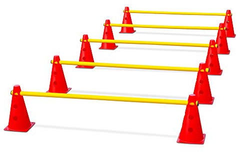 HAEST Steckhürdenset | Fussball Trainingszubehör | Agility Set Hunde | Pferde Zubehör | Pylonen und Stangen für Koordinationstraining - Rot-Gelb | Kegel