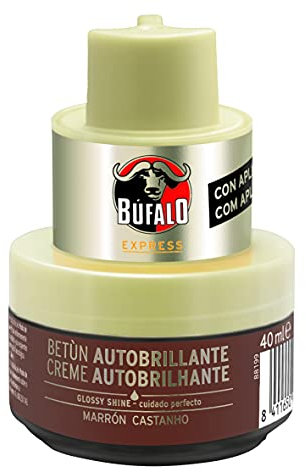 Búfalo Express - Betún en Crema Autobrillante Color Marrón, Cuidado del Calzado y Color, Brillo Satinado Superior, Esponja Integrada - Tarro de 40ml