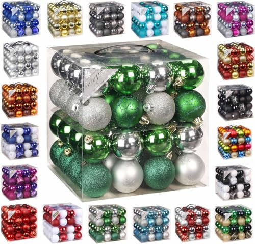 64x Kunststoff Christbaumkugeln Ø 6cm Kugel Box Glanz Glitzer Matt Dekor Inge inkl. Aufhänger, Farbe:Grün-Silber