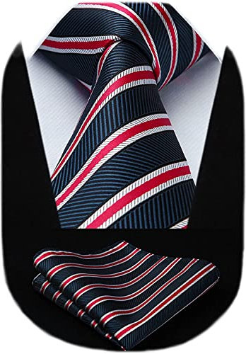 HISDERN Herren Krawatte Gestreifte Hochzeit Krawatte & Einstecktuch Set Marineblau und Rot