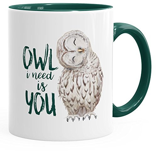MoonWorks Kaffee-Tasse Eule Owl I need is you Liebe Spruch Geschenk Valentinstag Weihnachten Ehe Partnerschaft grün unisize