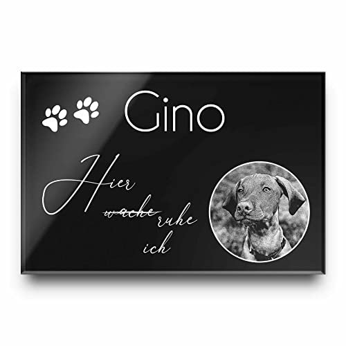 Tier-Grabstein Gedenkstein aus hochwertigem Hochglanz Acrylglas (bruchsicher/wetterfest) Grabplatte mit Gravur | Fotogravur - Gedenktafel für Haustiere Hunde Hund Katze Hase Kaninchen