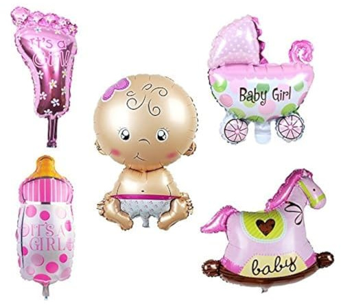 Trixes 5-er Set Folienluftballons in Pink, Motto Baby-Dusche in den Motiven Kinderwagen, Schaukelpferd, Fläschchen, Fuß und Baby