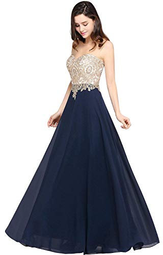 Misshow Robe de Cocktail Longue Formelle avec Appliques Robe de Soirée Chic pour Mariage Elégante en Mousseline Bleu Marine 42