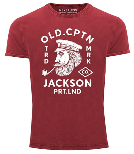 Neverless® Herren Vintage Shirt Kapitän Motiv Aufdruck Old Cptn Jackson Retro Printshirt Used Look Slim Fit Rot L