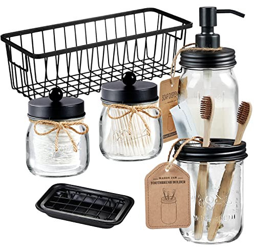 Premium Mason Jar Badezimmer-Zubehör-Set (6-teilig) – Lotion-Seifenspender, Zahnbürstenhalter, 2 Apothekergläser (Qtip-Halter), Seifenschale, Aufbewahrungskorb – rustikale Bauernhaus-Dekoration