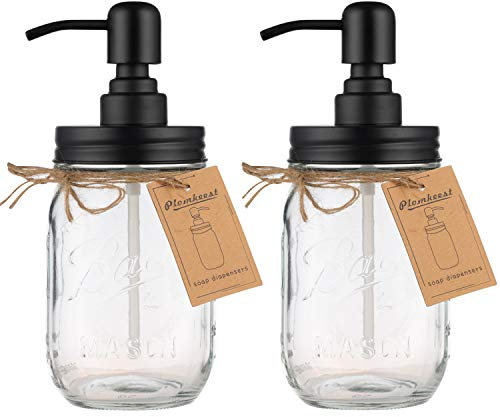 Plomkeest 2 Pack Distributeur de Savon en Pot Mason 16oz Distributeur de Savon en Verre Transparent avec Pompe en Acier Inoxydable Distributeur de Savon Liquide pour Salle de Bain, décor de Cuisine