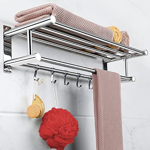LELUXE Bathroom Towel Rack Shelves - SUS304 Stainless Steel with Double Towel Bar & 5 Hooks, Bathroom Organizer, Shelf Holder for Bedroom Kitchen Hotel. Bathroom storage for Towels, Robes, Accessories