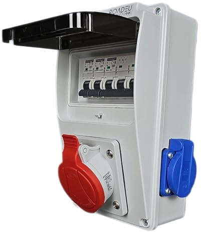 RoadEu Stromverteiler 16A 5P Steckdose - 2x 230V Schuko - Baustromverteiler 16A mit Sicherungsautomat C 16A - CEE Verteiler - Stromverteiler Aussen Wasserdicht IP44
